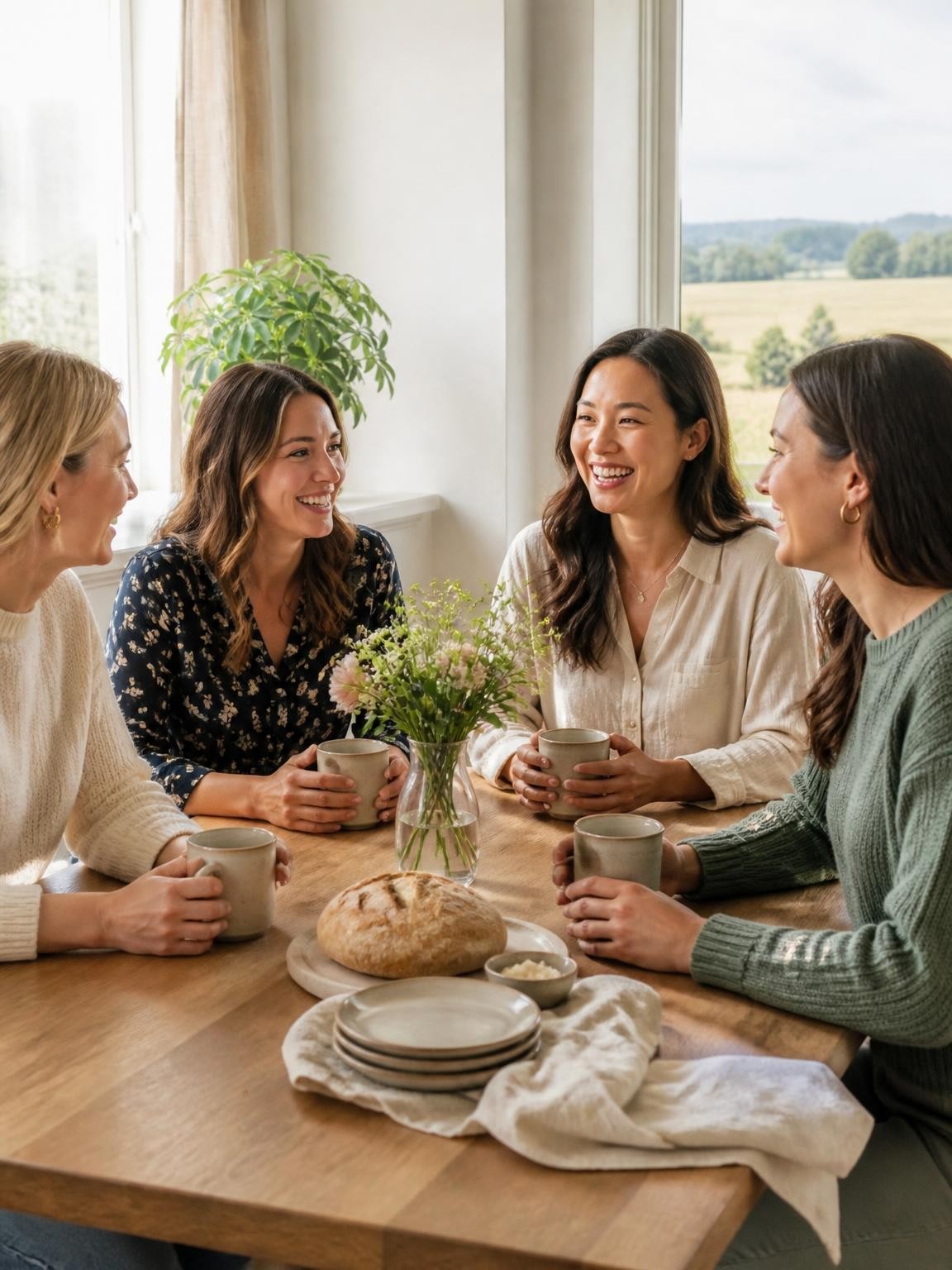 Mulheres reunidas à mesa em um encontro de conexão